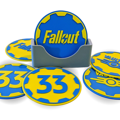 Vault-Tec Fallout Coaster Set with Holder - Pipboy - Nuka Cola - Merchanside - Protect Your Furniture from The Wasteland - Made in USA