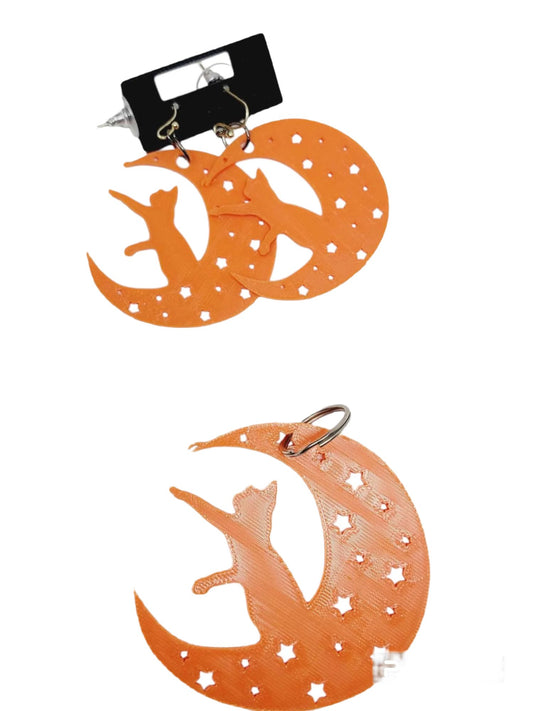 Cat On The Moon Earrings and Keychain